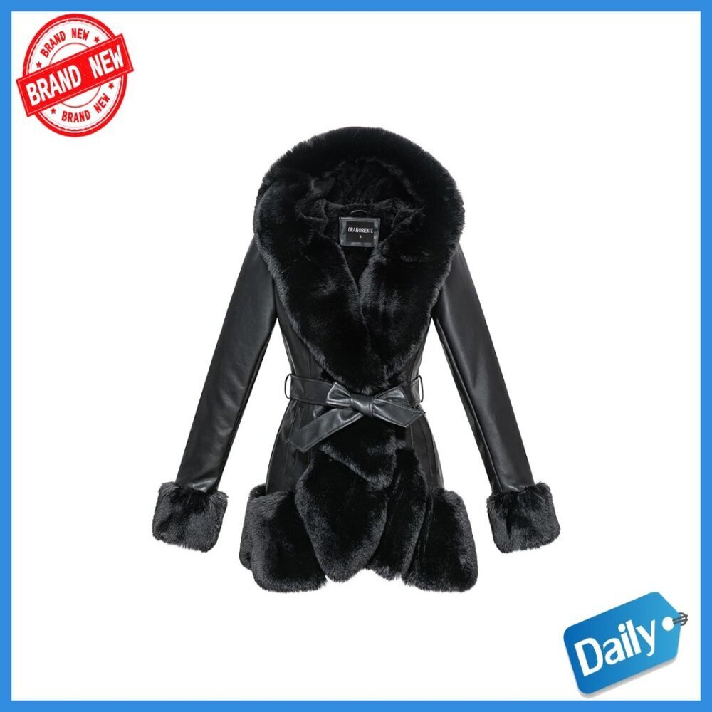 Faux Leather Coat with Faux Fur Collar, Belted Mid Length Hooded Winter Jacket